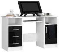 Bureau d'ordinateur AKORD ANA Blanc 124 cm 1 porte 3 tiroirs façade Noir Brillant 5 étagères 124x52x74 cm