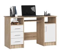 Bureau d'ordinateur AKORD ANA Chêne Sonoma 124 cm 1 porte 3 tiroirs façade Blanche 5 étagères 124x52x74 cm
