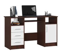Bureau d'ordinateur AKORD ANA Wengé 124 cm 1 porte 3 tiroirs façade Blanche 5 étagères 124x52x74 cm