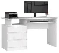 Bureau d'ordinateur AKORD CLP Blanc 135 cm 3 tiroirs façade Blanche Brillante 2 étagères 135x60x77 cm