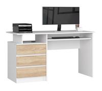Bureau d'ordinateur AKORD CLP Blanc 135 cm 3 tiroirs façade Chêne Sonoma 2 étagères 135x60x77 cm