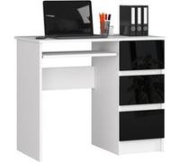 Bureau d'ordinateur AKORD droit A6 Blanc 90 cm 3 tiroirs façade Noir Brillant 1 étagère 90x50x77 cm Blanc / Noir Brillant G