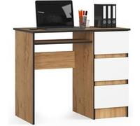 Bureau d'ordinateur AKORD droit A6 Chêne Craft 90 cm 3 tiroirs façade Blanche 1 étagère 90x50x77 cm Chêne Craft / Blanc G