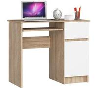 AKORD Bureau Informatique d'ordinateur Piksel | Tablette Clavier | Droit | Desk | 1 Tiroir et 1 Compartiment avec Porte | Table d’étude | L90 x H77 x P50 cm | Chêne Sonoma/Blanc