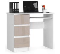 Bureau d'ordinateur AKORD gauche A6 Blanc 90 cm 3 tiroirs façade Cappuccino Brillant 1 étagère 90x50x77 cm