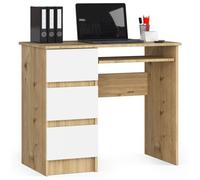 Bureau d'ordinateur AKORD gauche A6 Chêne Artisan 90 cm 3 tiroirs façade Blanche 1 étagère 90x50x77 cm