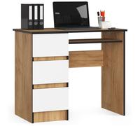 Bureau d'ordinateur AKORD gauche A6 Chêne Craft 90 cm 3 tiroirs façade Blanche 1 étagère 90x50x77 cm