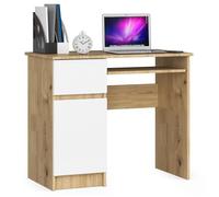 Bureau d'ordinateur AKORD gauche PIKSEL Chêne Artisan 90 cm 1 porte 1 tiroir façade Blanche 3 étagères 90x50x77 cm