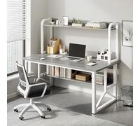 Bureau d'ordinateur avec clapier et étagère, table d'étude peu encombrante, station de travail moderne avec pieds et étagères en métal, idéal pour le bureau à domicile et les jeux vidéo