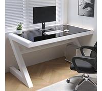 Bureau d'ordinateur avec plateau en verre trempé et cadre en métal en forme de Z - Bureau à domicile élégant et fonctionnel pour étudiants, écrivains et joueurs