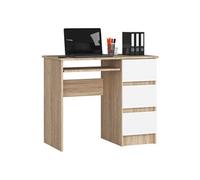 Bureau d'ordinateur droit A6 Chêne Sonoma 90 cm 3 tiroirs façade Blanche 1 étagère 90x50x77 cm