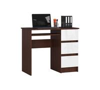 Bureau d'ordinateur droit A6 Wengé 90 cm 3 tiroirs façade Blanche 1 étagère 90x50x77 cm