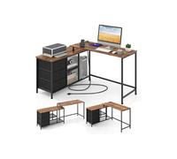 Giantex Bureau d'angle convertible, prise de courant, 3 tiroirs tissu, étagères maille, Marron