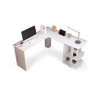 Bureau d'ordinateur en forme de L avec grand espace de travail, bureau en T avec 2 étagères ouvertes, 2 passages de câbles et panneau de particules robuste, bureau peu encombrant pour la maison et le