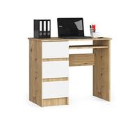 Bureau d'ordinateur gauche A6 Chêne Artisan 90 cm 3 tiroirs façade Blanche 1 étagère 90x50x77 cm