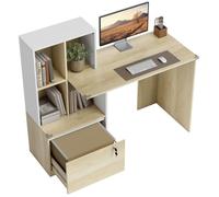 HOMCOM Bureau d'ordinateur avec bibliothèque 4 Compartiments et tiroir verrouillable, Bureau avec Rangement, Table Informatique pour Chambre, Bureau, Salle d'étude, 126 x 50 x 109 cm, chêne et Blanc