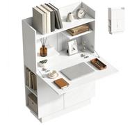 HOMCOM Bureau Pliant, Bureau Informatique avec Plateau Rabattable, Étagères de Rangement et Placard, Style Moderne, 80 x 30 x 128 cm, Blanc
