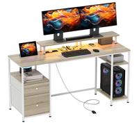 Bureau d'ordinateur - HOMCOM - lumières LED réglables 2 prises ports USB tiroirs étagères support de moniteur - effet bois naturel