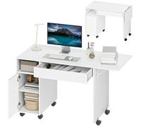 Bureau d'ordinateur - HOMCOM - sur roulettes - abattant, tiroir, placard et compartiment - panneau de particules - 130x58cm - blanc