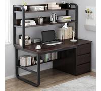 Bureau d'ordinateur industriel avec clapier et étagère de 119,4 cm - Table d'écriture à 3 tiroirs pour bureau à domicile - Station de travail pour étude et bureau - Finition noyer noir