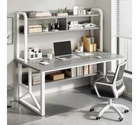 Bureau d'ordinateur moderne avec clapier et étagère, peu encombrant, table d'étude et poste de travail de jeu, pieds en métal, 120 x 60 x 150 cm, gris élégant