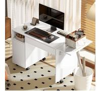 Bureau d'ordinateur sur roulettes, table de bureau avec abattant, tiroir, placard et compartiment, 130 x 58 cm, blanc