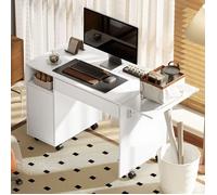 Bureau d'ordinateur sur roulettes, table informatique avec abattant, tiroir, placard et compartiment, 130 x 58 cm, blanc