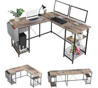 Bureau double, bureau d'ordinateur en L de 224 cm avec tiroirs et étagères de rangement, bureau d'angle pour la maison, poste de travail informatique avec poches de rangement à crochets Wood color