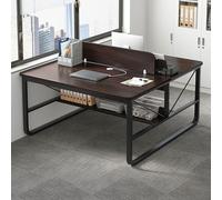 Bureau double moderne pour deux postes de travail spacieux avec séparation et étagères de rangement, idéal pour le travail collaboratif ou les jeux.