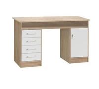 Bureau droit à clés avec 1 porte et 4 tiroirs - Décor chêne et blanc - 126 x P 55 x H 76 cm - ALICANTE