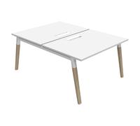 Bureau droit partagé 2 postes Burocolor A avec trappe d'accès - Départ - L.120 x P.163 cm - Plateau Blanc - Pieds Bois/Blanc