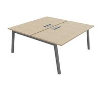 Bureau droit partagé 2 postes Burocolor A avec trappe d'accès - Départ - L.160 x P.163 cm - Plateau Chêne - Pieds Aluminium