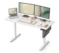 Bureau Électrique Assis-Debout, Bureau Réglable En Hauteur, 60 X 140 X (72-120) Cm, 4 Hauteurs Mémorisables, Pochette De Rangement, Blanc Nuage