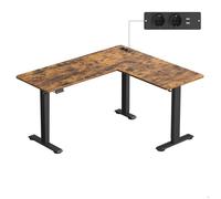 Bureau Électrique Réglable en Hauteur, Forme en L, 140 x 160 cm, avec Multiprise, Fonction Mémoire 2 Hauteurs, Marron et Noir