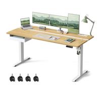 Bureau Électrique Réglable en Hauteur, Multiprise, Tiroir, 70 x 160 cm, Réglable en Continu, Couleur Chêne Naturel et Blanc Nuage