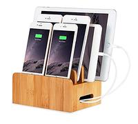 Bureau en Bois de Bambou Cordons Multi-appareils Support Organisateur et Station de Charge Chargeur Docks Support de Berceau pour iPhone iPad Samsung Huawei OnePlus LG Sony Smartphones et Tablets
