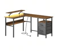 Bureau En L Avec Multiprise, Bureau D'angle, Bureau Informatique Avec Rehausseur D'écran, Bureau Gaming Led, 2 Tiroirs, 2 Ports Usb, Noir Boisé Noir