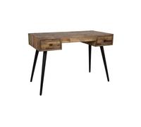 Bureau en teck recyclé marron, 2 tiroirs, pieds en acier noir, droit - White Label, Leo - 113x56x77 cm