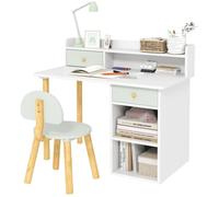 AIYAPLAY Bureau Enfant avec Chaise, Table et Chaise avec 2 Tiroirs, Large Plateau et Étagères Ouvertes, Table pour Étude, Travail et Écriture, pour Garçons et Filles de 3 à 8 Ans, 85x48x73cm, Vert