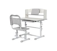 ZONEKIZ Bureau Enfant Avec Chaise en Acier - Hauteur Réglable, Étagère, Tablette Coulissante Multi-Rangement, Inclinable 45° - Gris Blanc