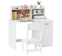 Bureau enfant avec chaise, table enfant et chaise, tiroir, placard, compartiments ouverts, tableau en liège, blanc