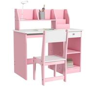 Bureau enfant avec chaise - ZONEKIZ - clavier coulissant, tiroir, niches et étagères ouvertes - 90 x 45 x 90 cm - rose
