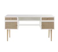 Bureau enfant bicolore 2 portes 2 tiroirs cannage en rotin 150x79x52cm Blanc