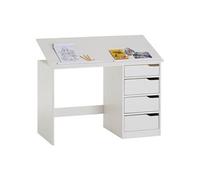 Bureau enfant EMMA, en pin massif, 4 tiroirs et plateau inclinable, lasuré blanc