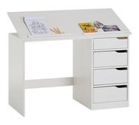 Bureau enfant écolier junior EMMA pupitre inclinable avec 4 tiroirs en pin massif, lasuré blanc Blanc G