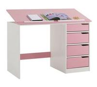 Bureau enfant écolier junior EMMA pupitre inclinable avec 4 tiroirs en pin massif, lasuré blanc et rose Blanc/Rose G