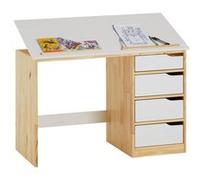 Bureau enfant écolier junior EMMA pupitre inclinable avec 4 tiroirs en pin massif, naturel et lasuré blanc Naturel/Blanc G