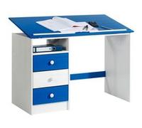 Bureau enfant écolier junior KEVIN pupitre inclinable avec 3 tiroirs 1 casier en pin massif lasuré blanc et bleu Blanc/Bleu G