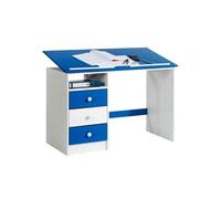 Bureau enfant KEVIN, en pin massif, 3 tiroirs et plateau inclinable, lasuré blanc et bleu