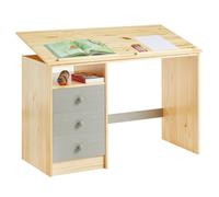 Bureau enfant écolier junior KEVIN pupitre inclinable avec 3 tiroirs 1 casier en pin massif vernis naturel et lasuré gris